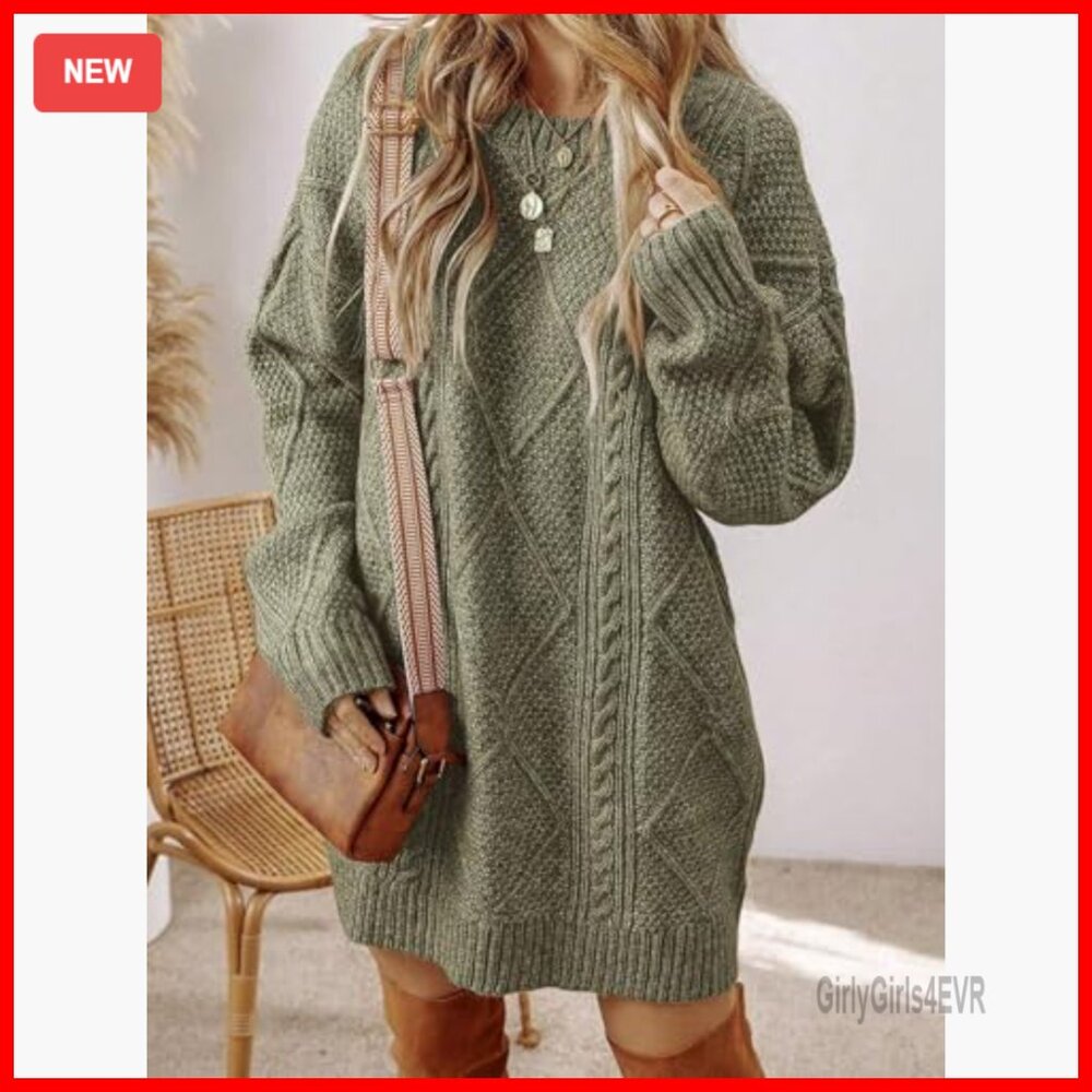 Cable Knit Sweater Dress Long Sleeve Loose Fit Pullover Mini Tunic - Picture 2 of 7